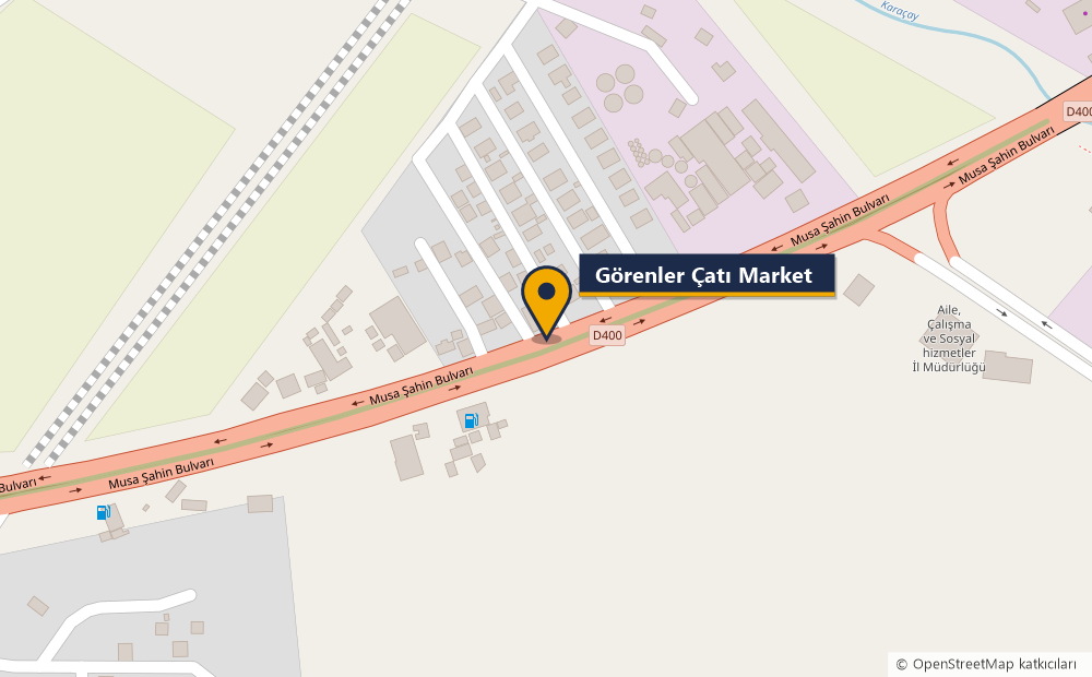 Görenler Çatı Market'in Musa Şahin Bulvarı (D400) üzerindeki konumu